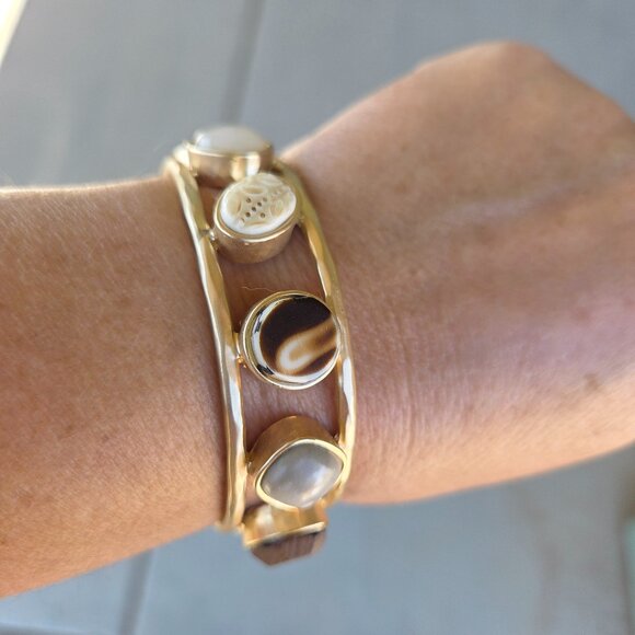 Chico's Hammered Brushed Goldtone and Stone Cuff Bracelet - Picture 4 of 6